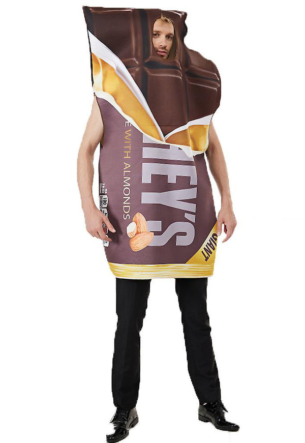 Child wearing chocolate bar costume with wrapper print and hood