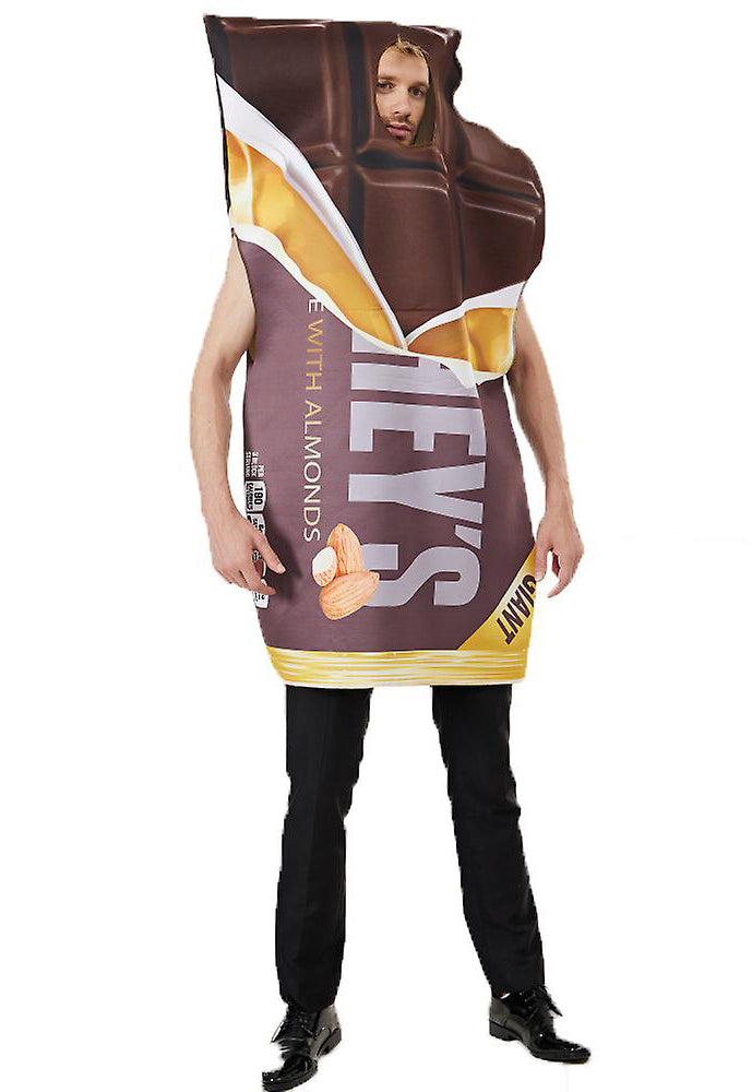 Child wearing chocolate bar costume with wrapper print and hood