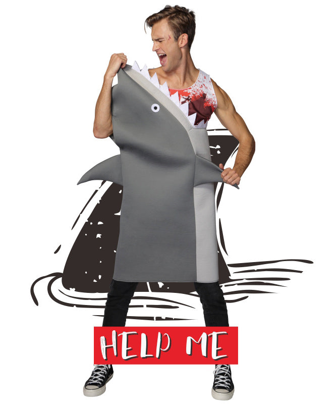 Child wearing grey shark attack costume with open jaws and 3D fins