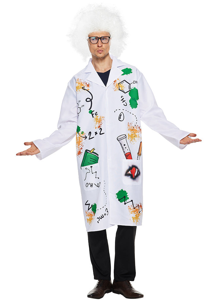 Kids mad scientist costume with white lab coat covered in colourful experiment prints and scorch marks