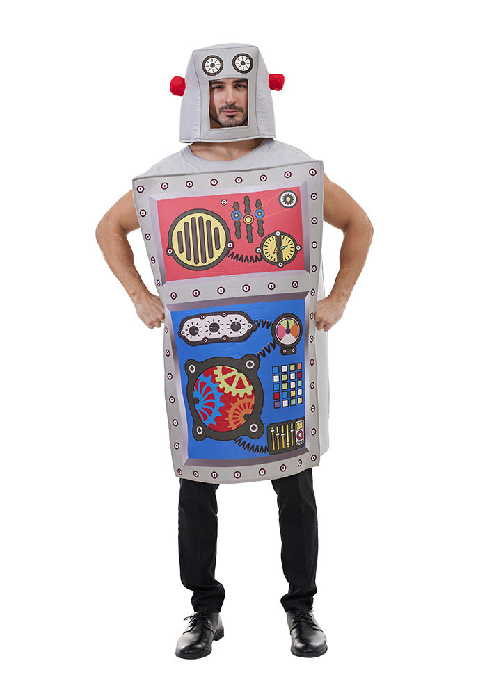 Adult wearing boxy grey robot costume with red and blue control panels