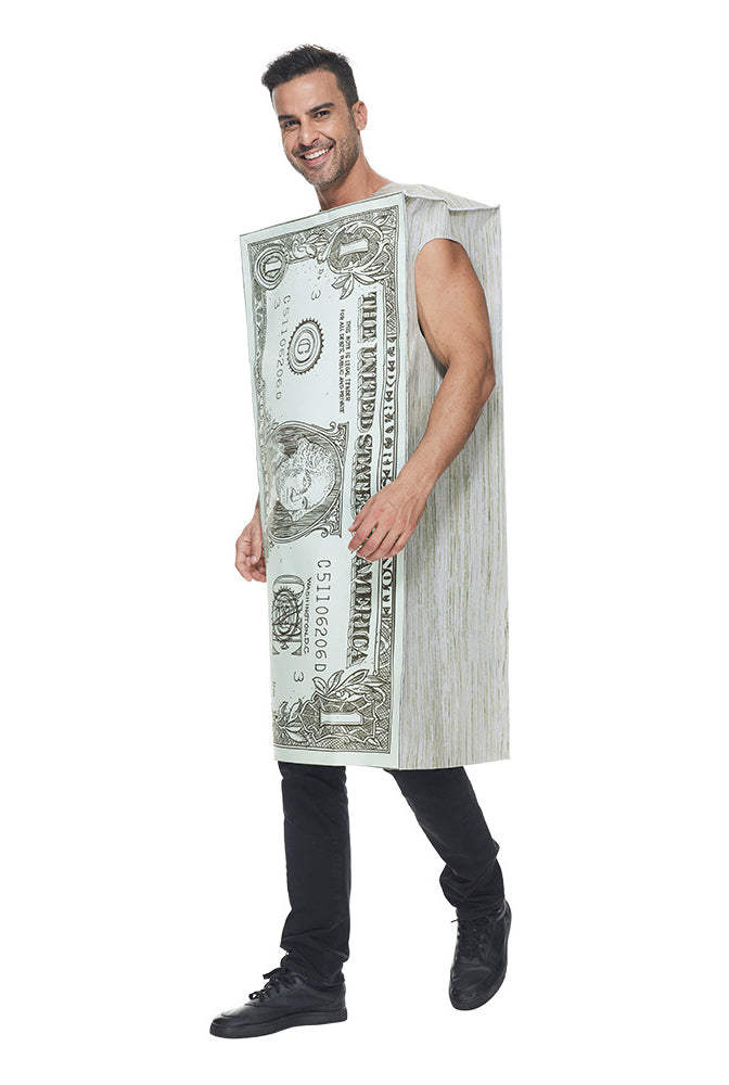 Kids dollar bill costume front view showing Washington portrait and federal seal