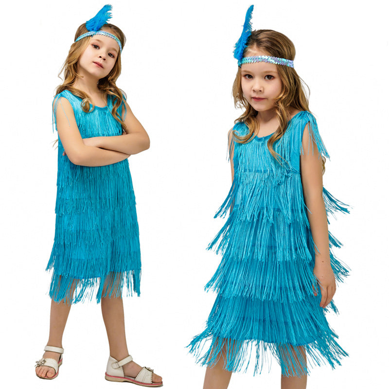 Bright blue flapper dress with layered fringe and silver sequin headband for kids