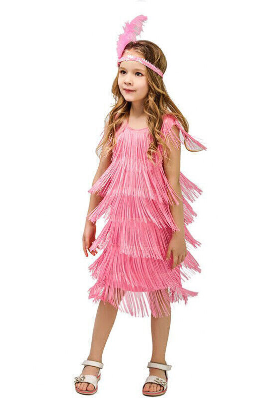 Hot pink flapper dress costume with layered fringe and feathered headband for girls