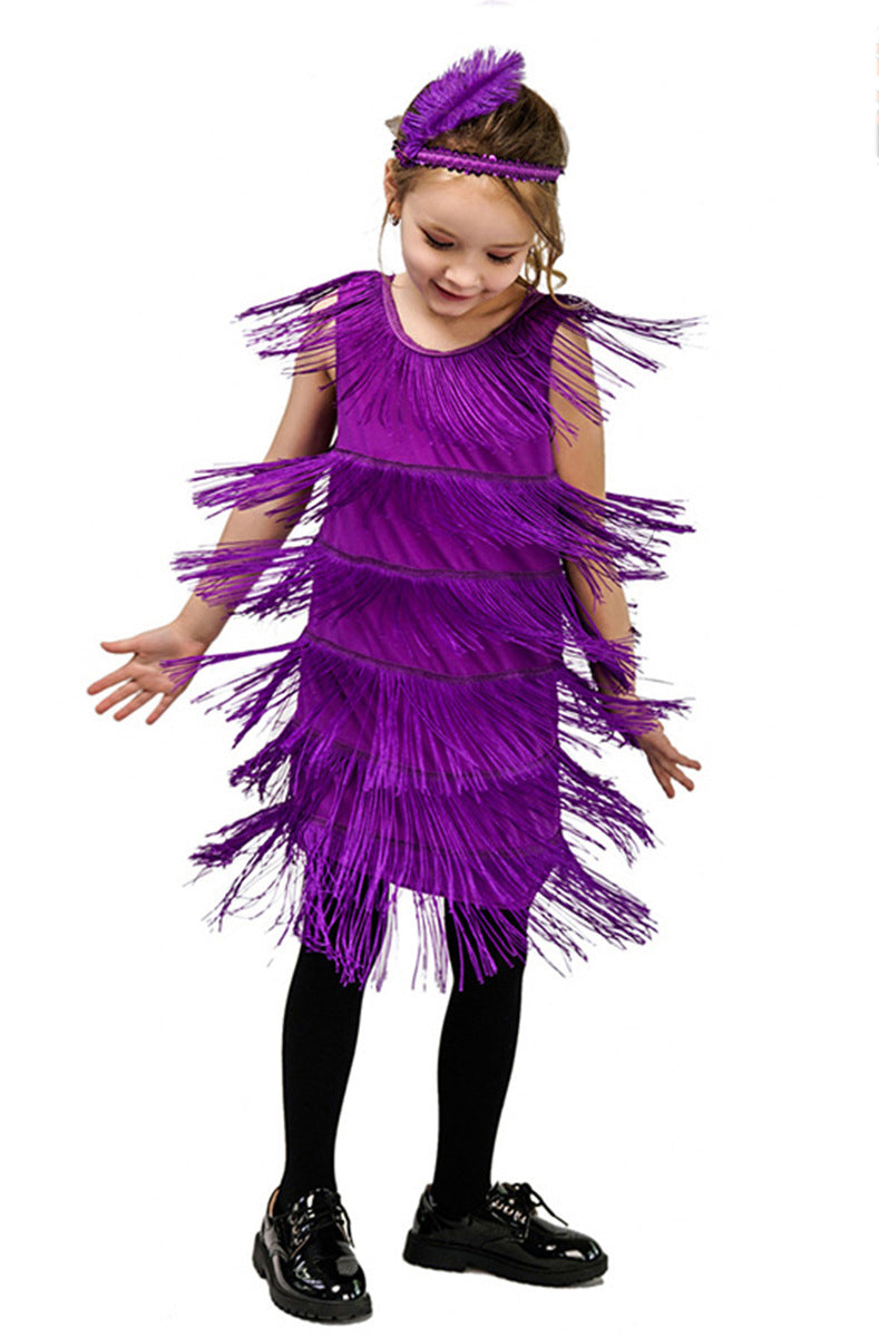 Kids purple flapper costume with all-over fringe and feathered headband