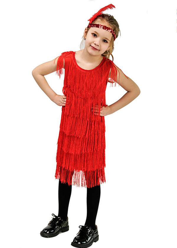 Girls red 1920s flapper dress with layered fringe and feathered headband for Book Week