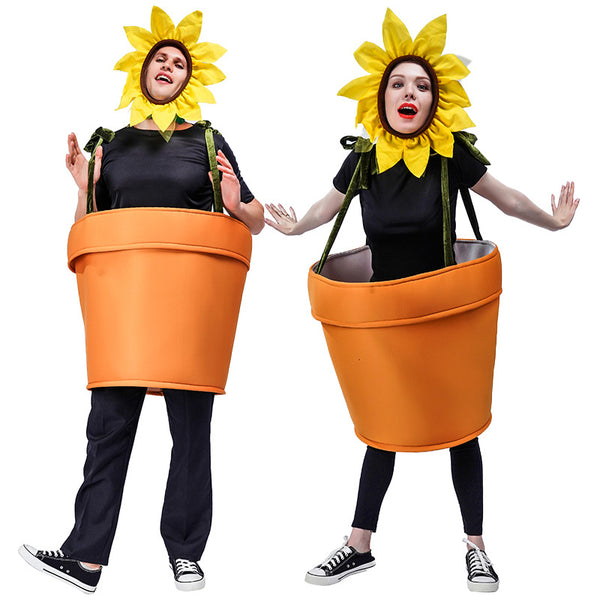 Kids sunflower costume with yellow petals headpiece and terracotta pot body