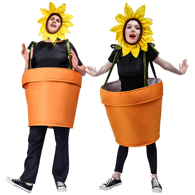 Kids sunflower costume with yellow petals headpiece and terracotta pot body