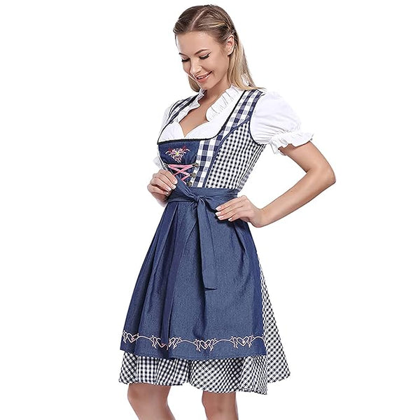 Blue dirndl costume with lace-up bodice and white ruffled blouse