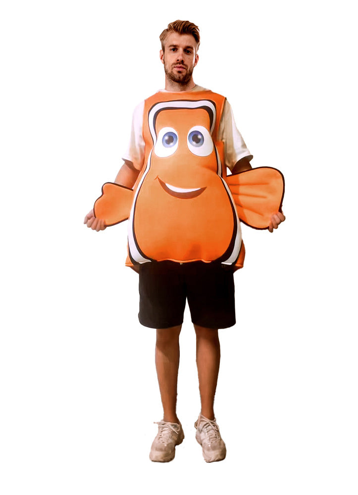 Kids clownfish costume tabard with orange body, white stripes and side fins