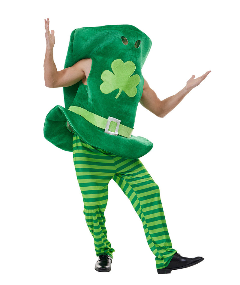 Child wearing oversized green leprechaun hat costume with shamrock detail and striped pants
