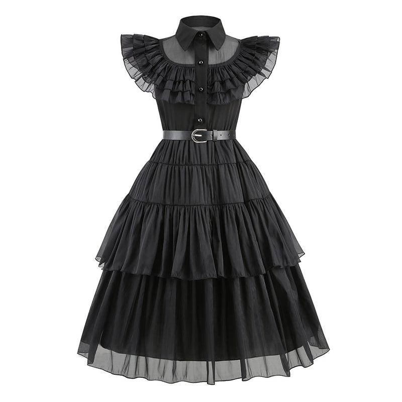 Kids gothic school girl costume with black ruffle dress and braided wig