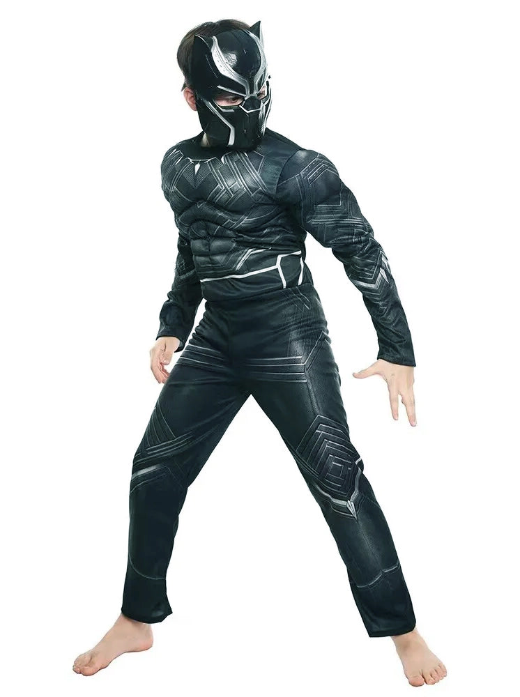 Child wearing jungle hero superhero costume with muscle-print top and full-face mask with cat ears