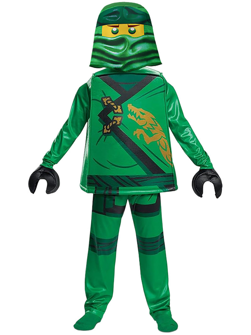 Kids green ninja costume with block-style tunic and mask front view