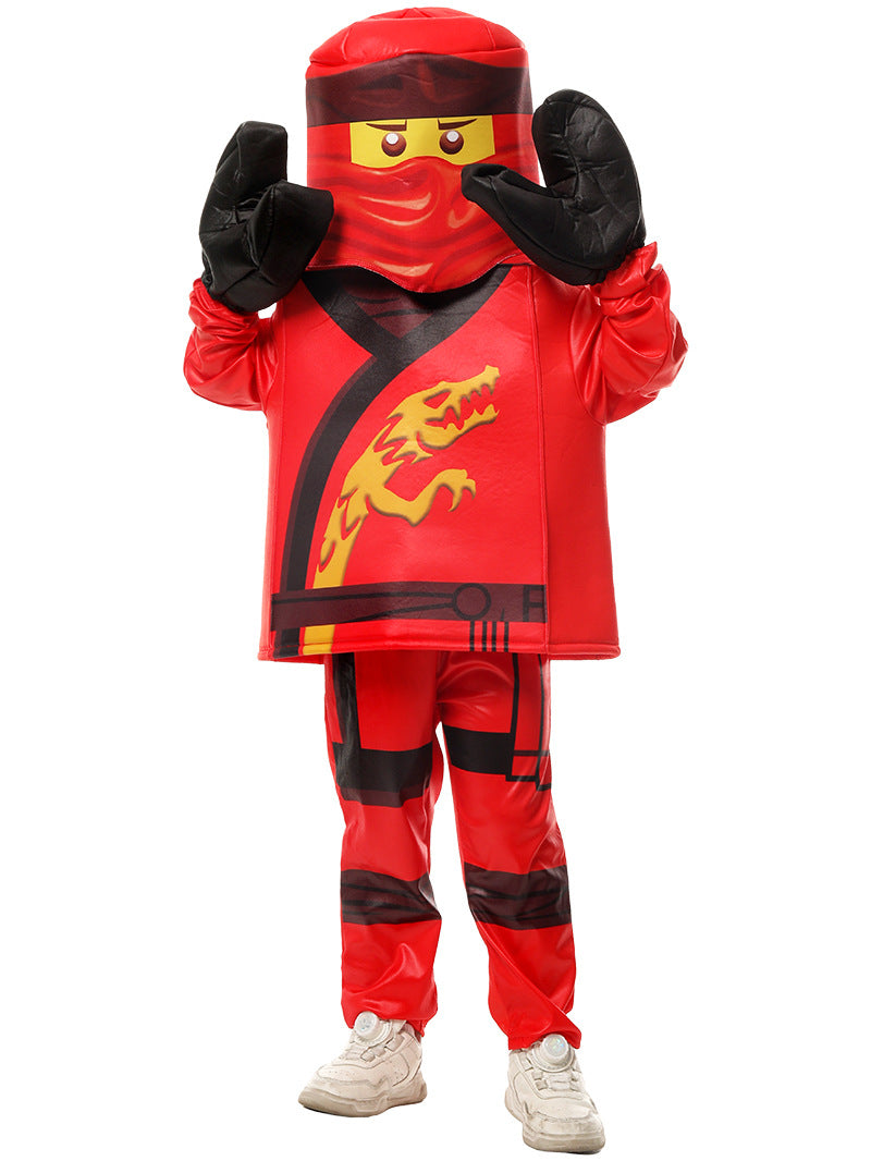 Kids red block ninja costume with square hood and dragon emblem