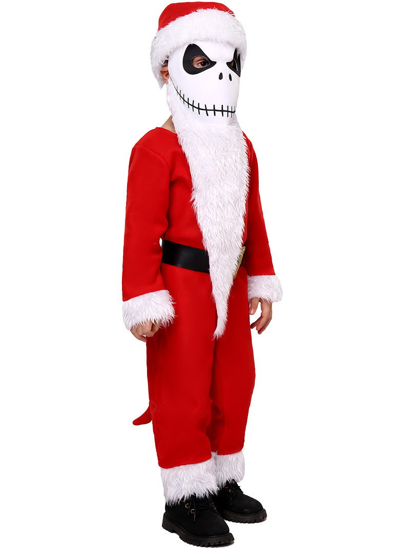 Child wearing red skeleton Santa costume with skull mask and white beard