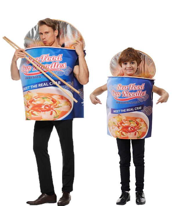 Child wearing blue cup noodles costume with seafood design and oversized chopsticks