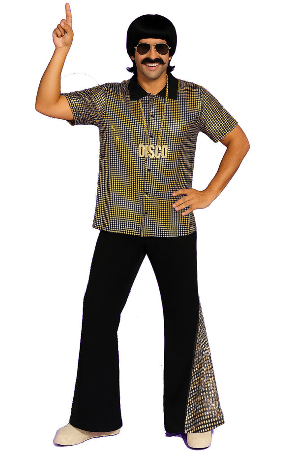 Men's 70s disco costume with gold checkered shirt and black flares