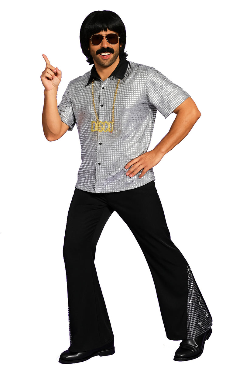 70s Disco Costume Men Silver Shirt & Flared Pants Set