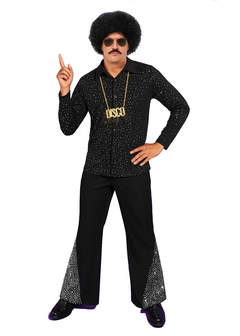 Men's black 70s disco costume with sparkle shirt and flared trousers