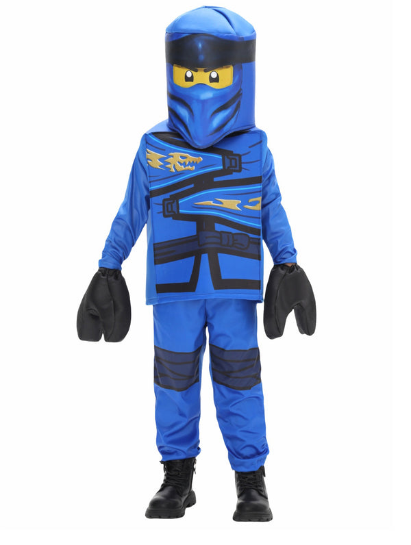 Child wearing blue block-style ninja costume with oversized mask and dragon emblem tunic