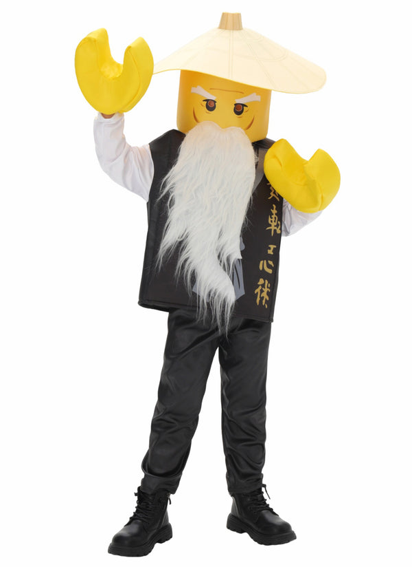Child wearing yellow ninja master costume with conical hat and white beard mask