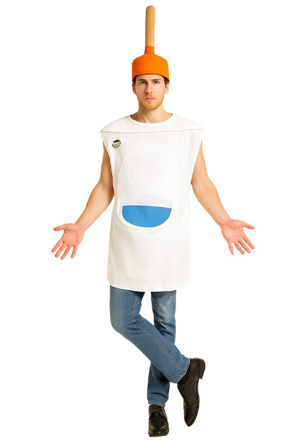 Adult wearing white bleach bottle tabard costume with orange cap headpiece and handle