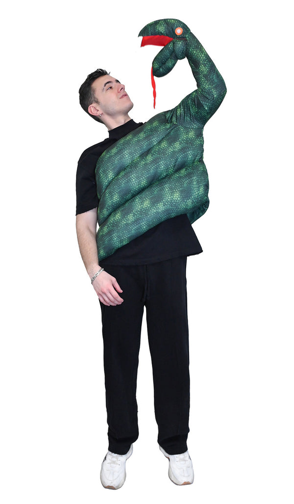 Child wearing giant inflatable green snake costume wrapped around shoulder and arm