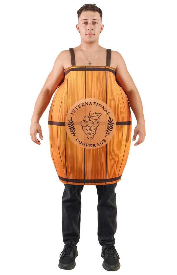 Adult wearing barrel costume with wood-grain print and brewery graphics, front view