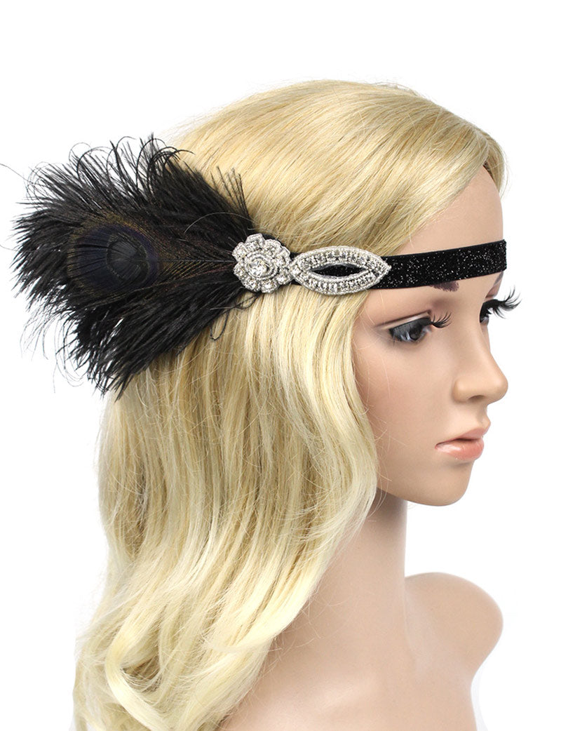 1920s Black Feather Great Gatsby Flapper Headpiece