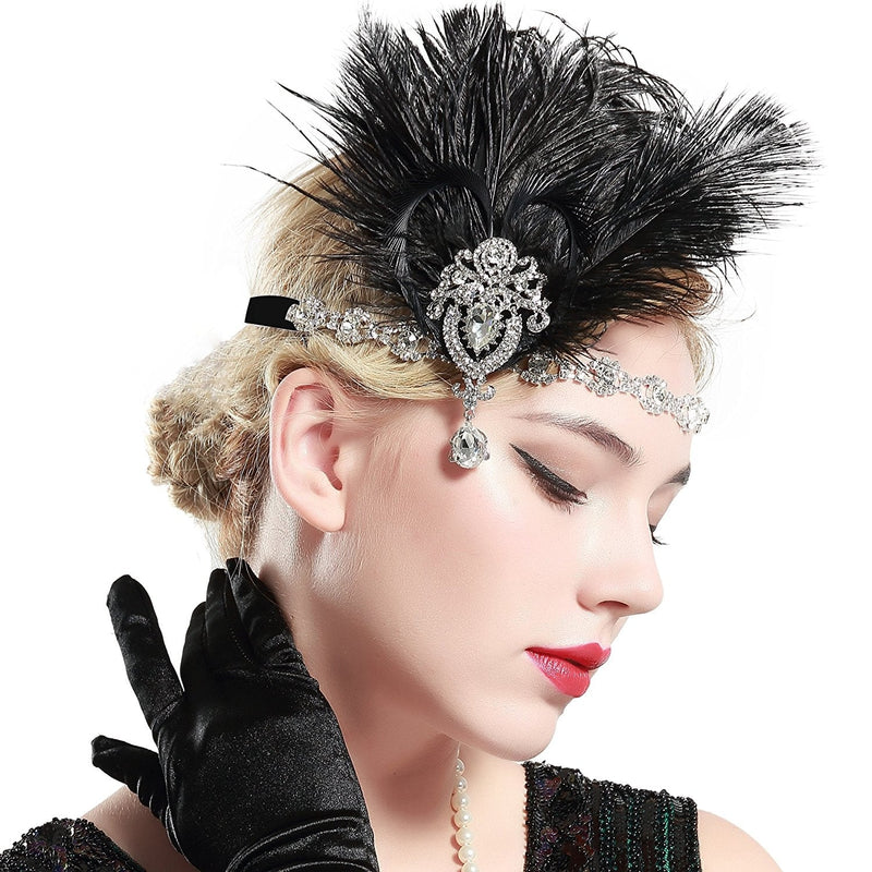 1920s Headband Black Feather Gangster Flapper Headpiece