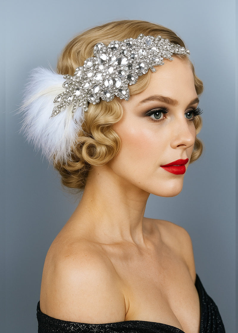 Adult 1920s Flapper Headband - Great Gatsby Feather & Crystal Accessory