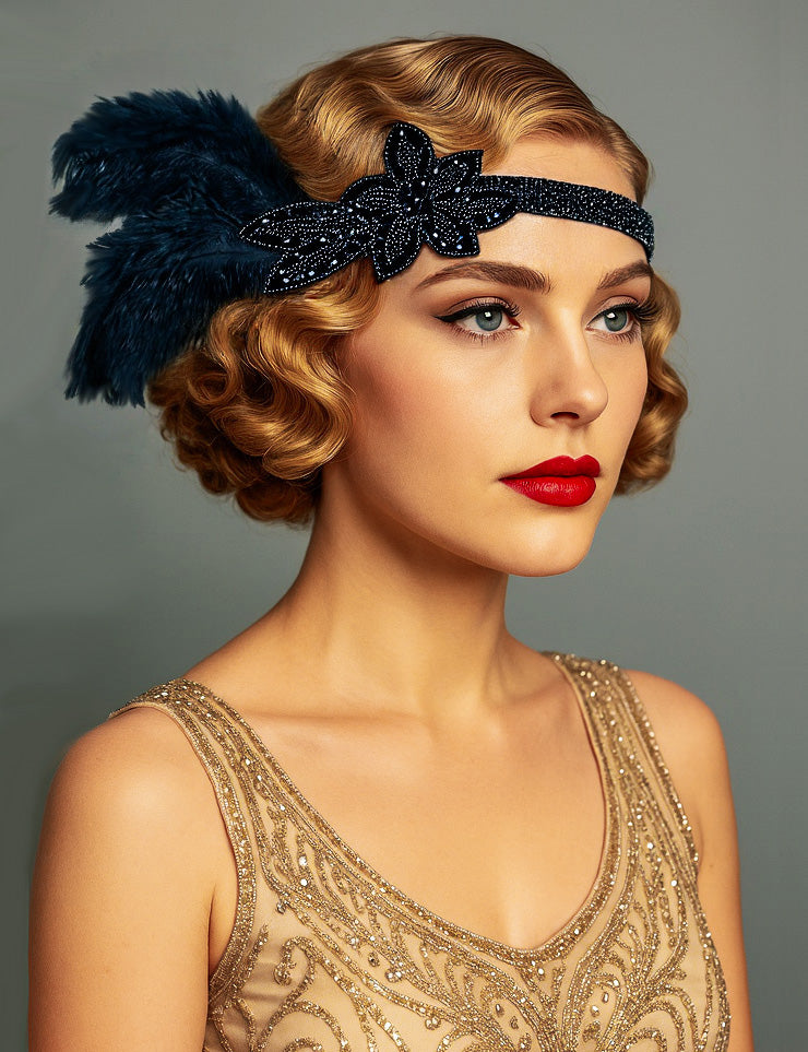 Adult 1920s Flapper Headband - Black Beaded Gatsby Feather Accessory