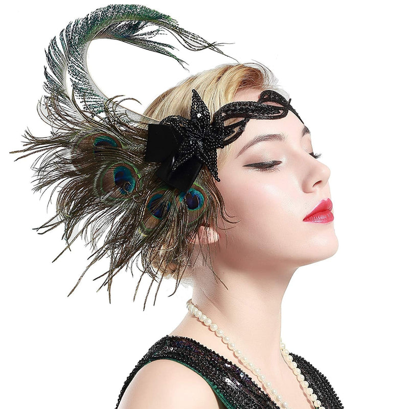 Adult 1920s Flapper Headband - Peacock Feather Gatsby Costume Accessory