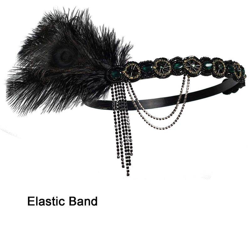 Adult 1920s Gatsby headband with black peacock feather and emerald green stones on mannequin head