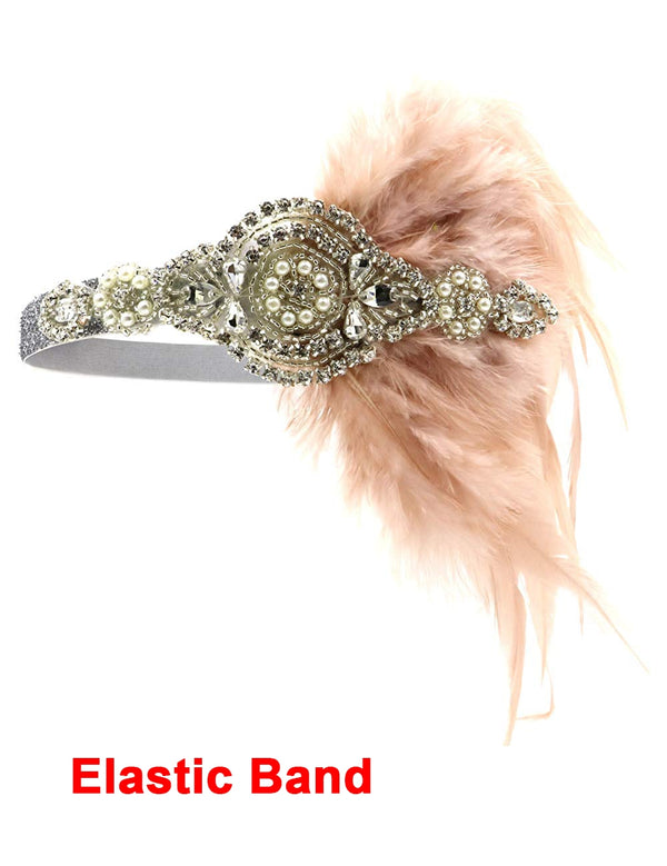 Adult 1920s flapper headband with silver Art Deco jeweled centerpiece and pale pink feather plume