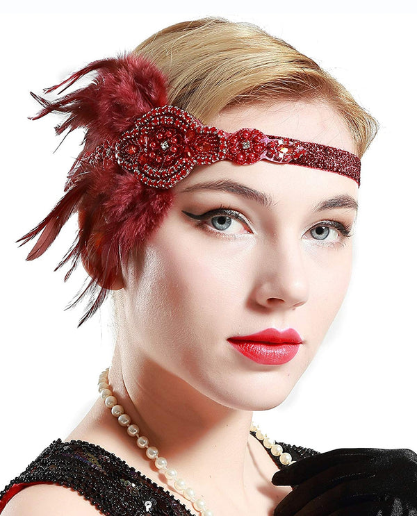 Burgundy feather headband with rhinestone Art Deco medallion and marabou plumes for 1920s flapper costume