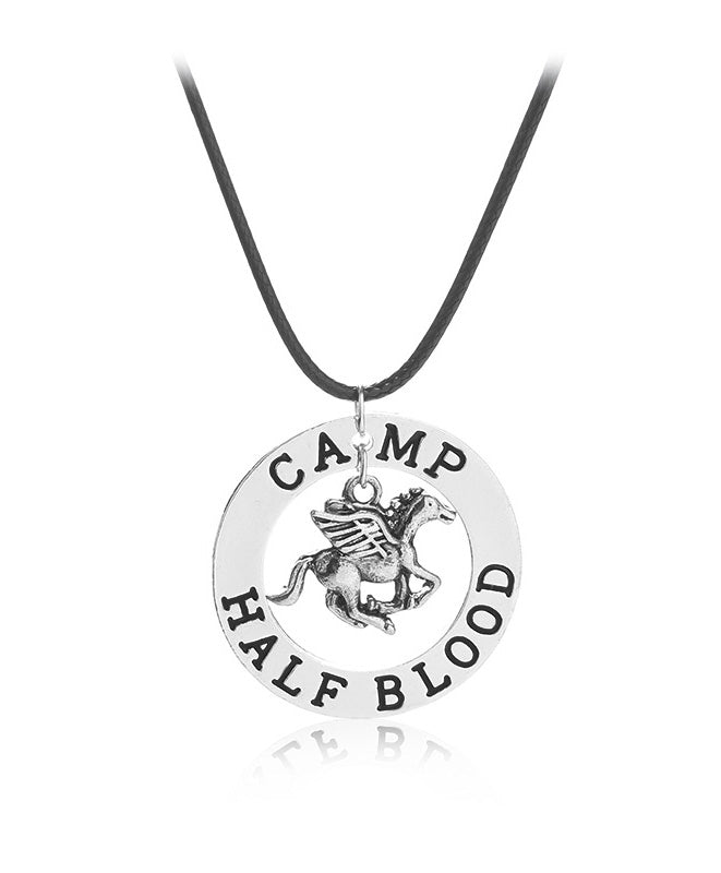 Greek mythology camp necklace with antique silver pendant and pegasus charm on black cord