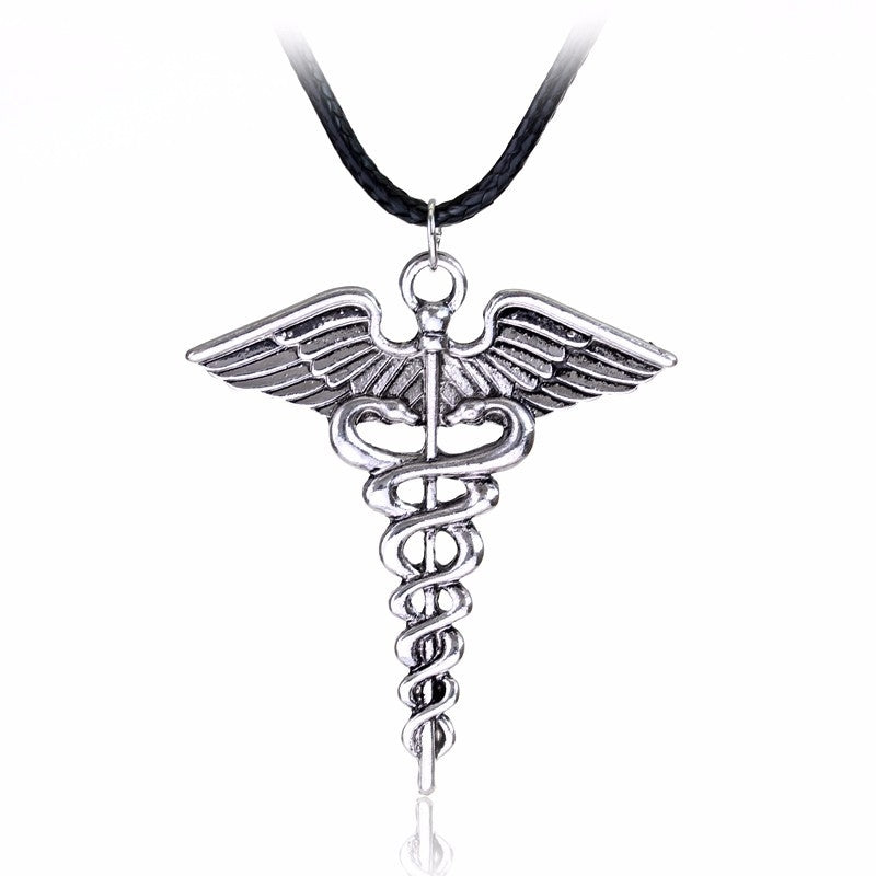 Greek mythology Hermes caduceus pendant necklace with silver angel wings and intertwined serpents on black cord
