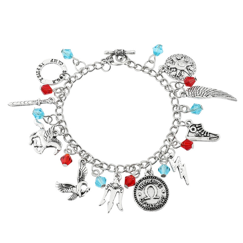 Greek mythology charm bracelet with lightning bolt, winged sandals, owl, and Pegasus charms on antiqued silver chain
