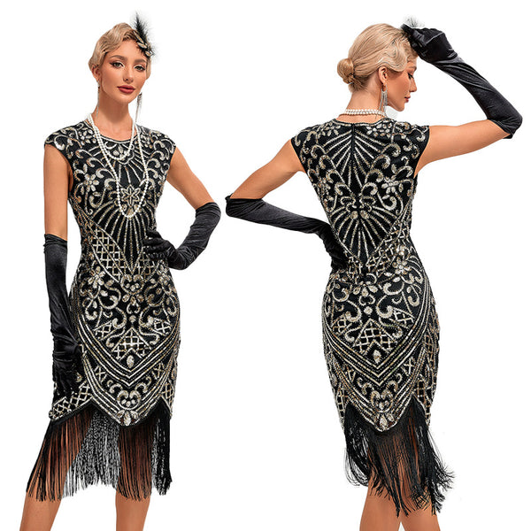 Womens 1920s Flapper Dress - Black Gold Sequin Gatsby Costume