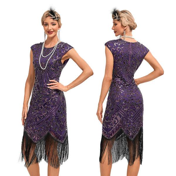 Womens 1920s Gatsby Flapper Dress - Purple Sequin Fringe Costume