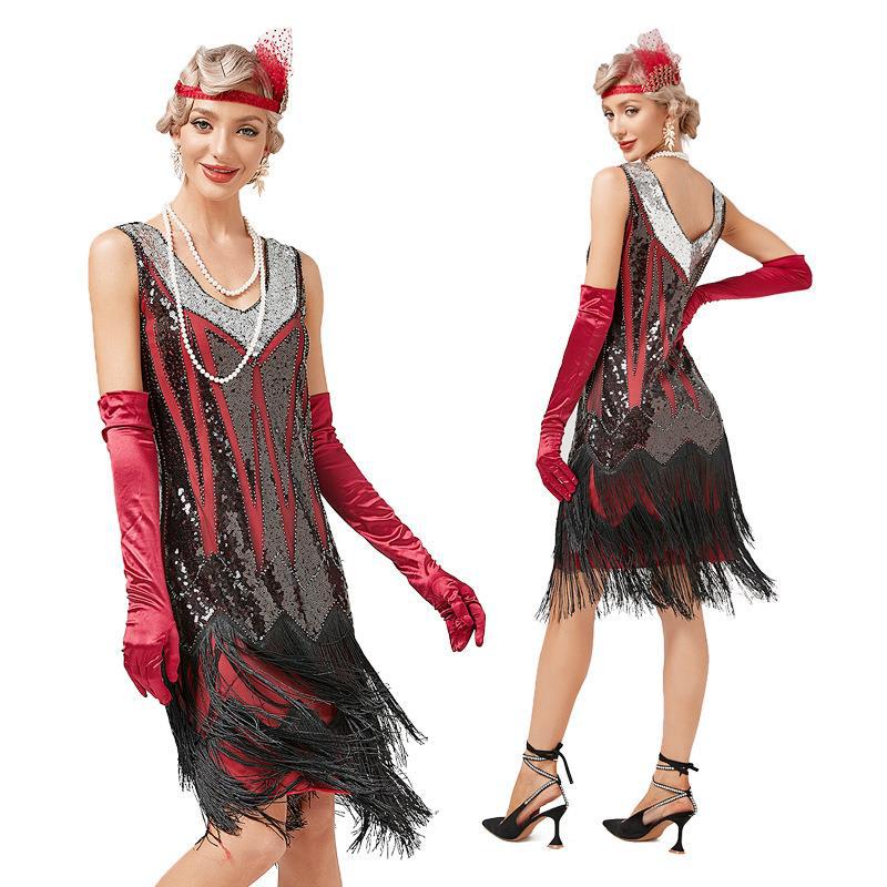 Womens 1920s Flapper Dress - Black Red Silver Sequin Gatsby Costume