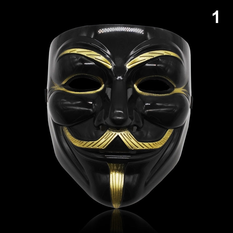 Black and gold Guy Fawkes Anonymous mask with stylized smile and mustache