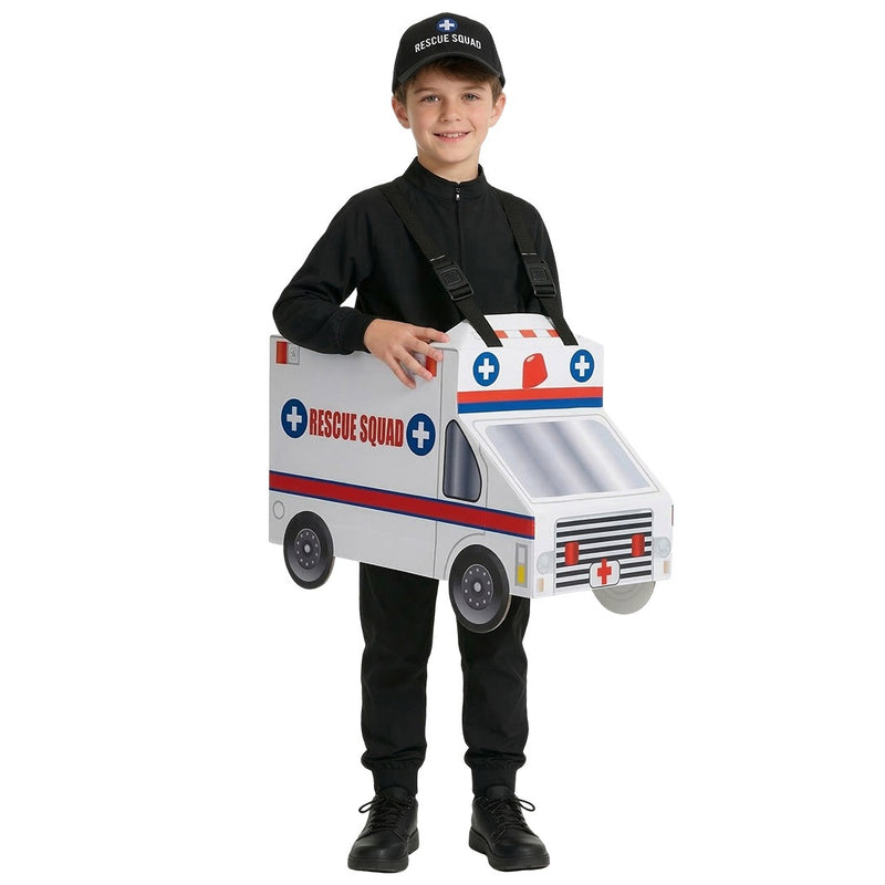 Kids white ambulance paramedic wear-on cardboard costume with matching rescue cap