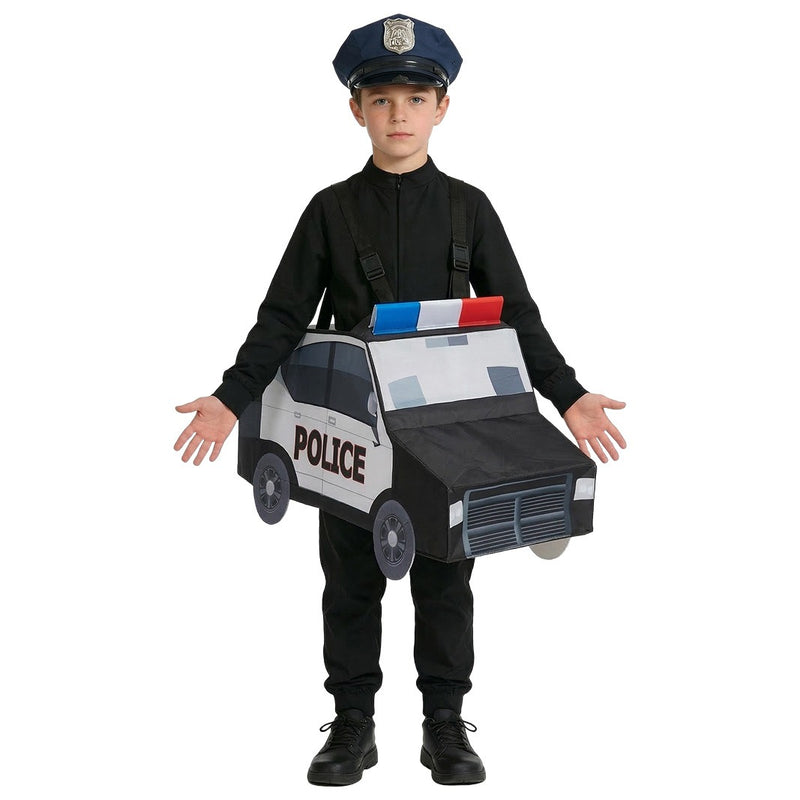 Kids black and white police car cruiser wear-on cardboard costume with matching officer cap
