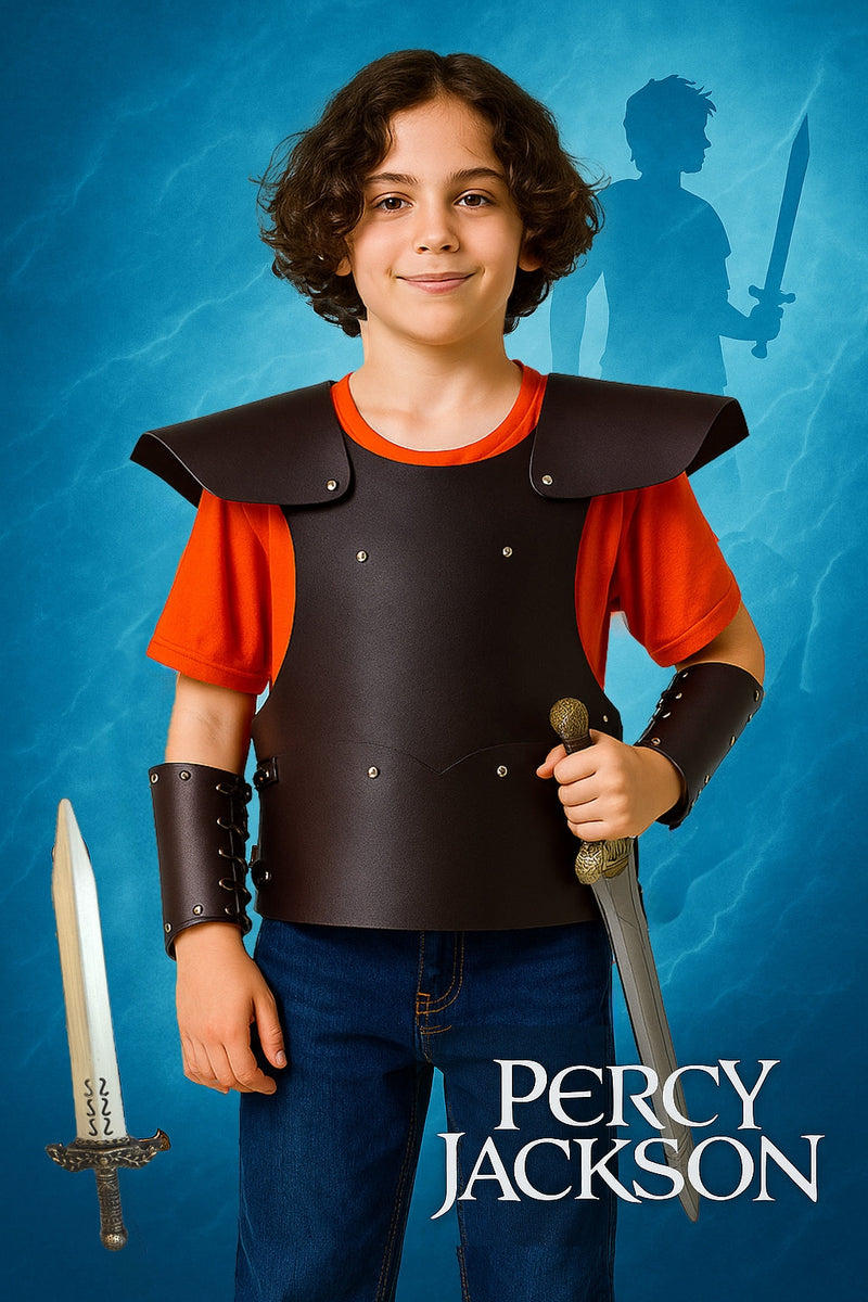 Child wearing brown Greek warrior armor with orange camp T-shirt and wrist bracers