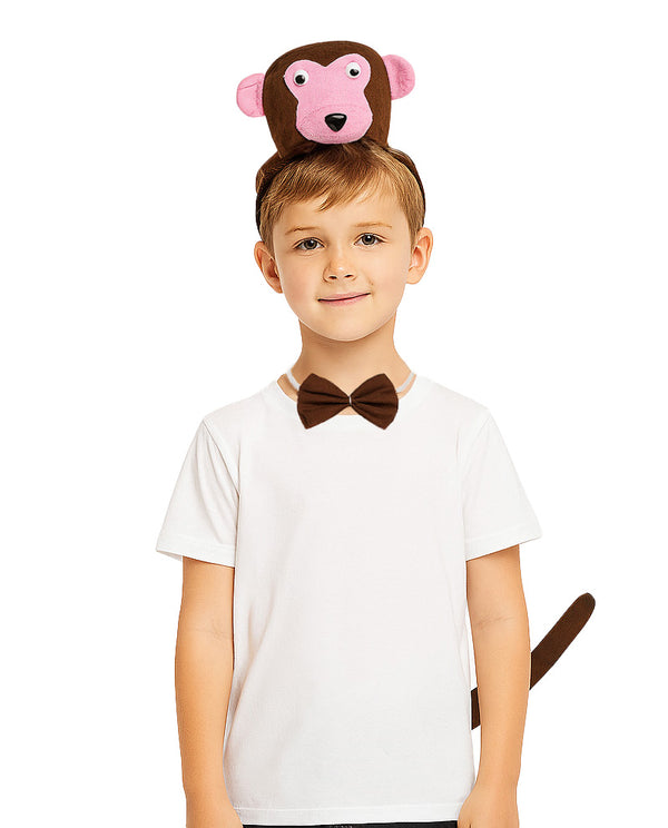 Kids Monkey Costume Accessories - Headband Ears Tail & Bow Tie Set
