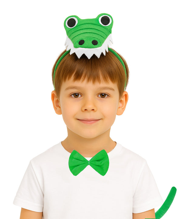 Kids Alligator Costume Accessories - Green Crocodile Headband Bow Tie Tail Set