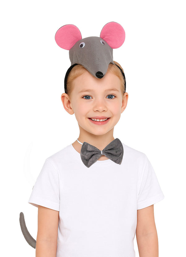 Kids Mouse Costume Accessory Set - Grey Headband, Bow Tie & Tail